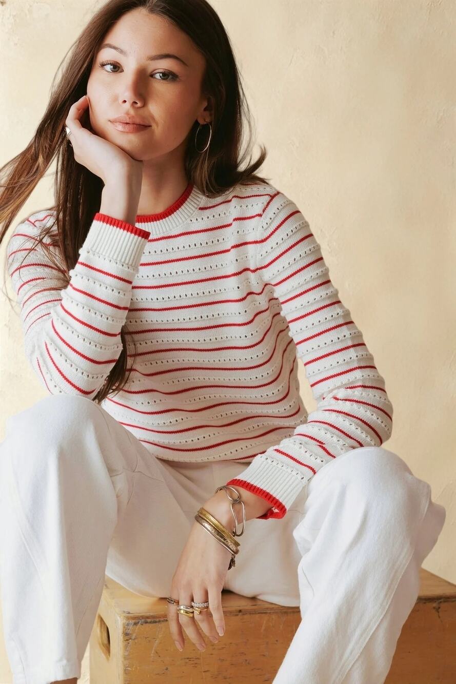 27 Miles Malibu Leah Cotton Striped Crew Sweater in Cloud White Flame red NEW XS